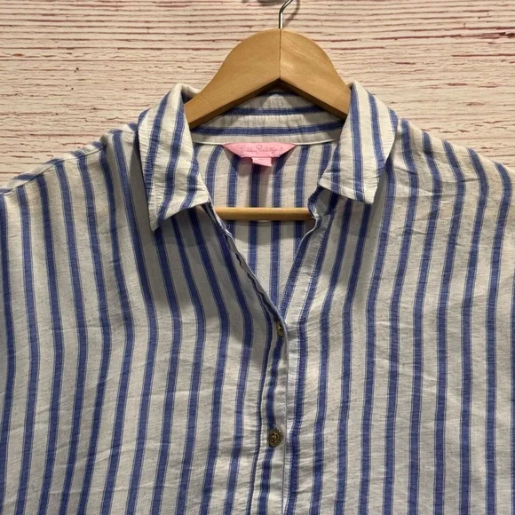 Lilly Pulitzer Leighton Shirt in Bennet Blue Beachy Yard Stripe Sz M - Picture 5 of 12